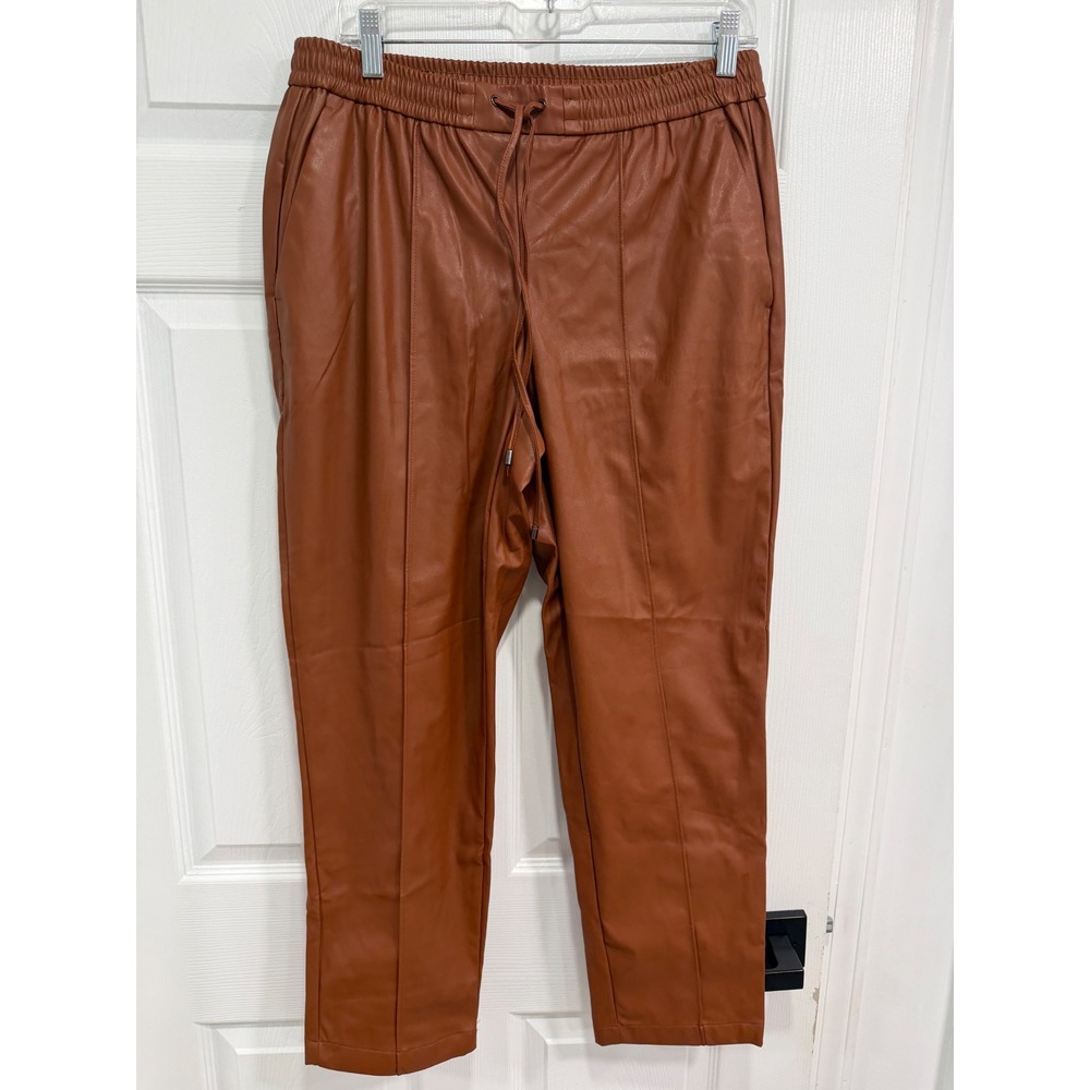 Nine‎ West Womens Faux Leather Jogger Pants Cognac Brown Elastic Waist Size M